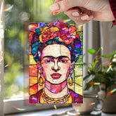 Frida Kahlo Acrylic Wavy Suncatcher Ornament, Colorful Rectangular Faux Stained Glass Portrait Panel, Artistic Mexican Window Home Decor